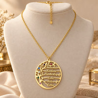 Gold | six name family tree necklace on display bust