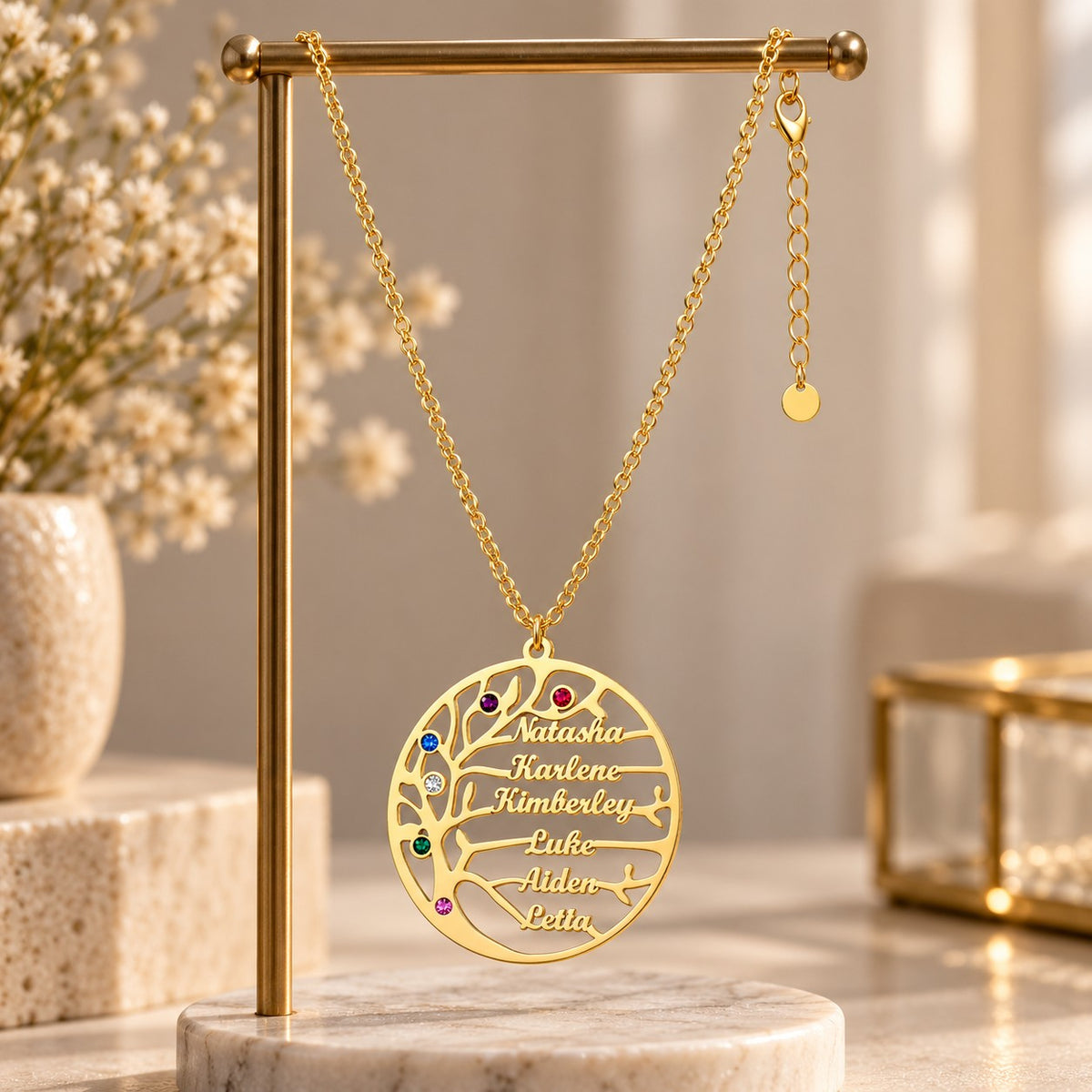 Gold | six name family tree necklace on stand