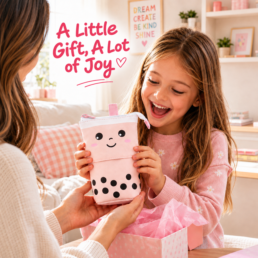 A little gift, a lot of joy: a girl unwrapping her BobaPop pencil case
