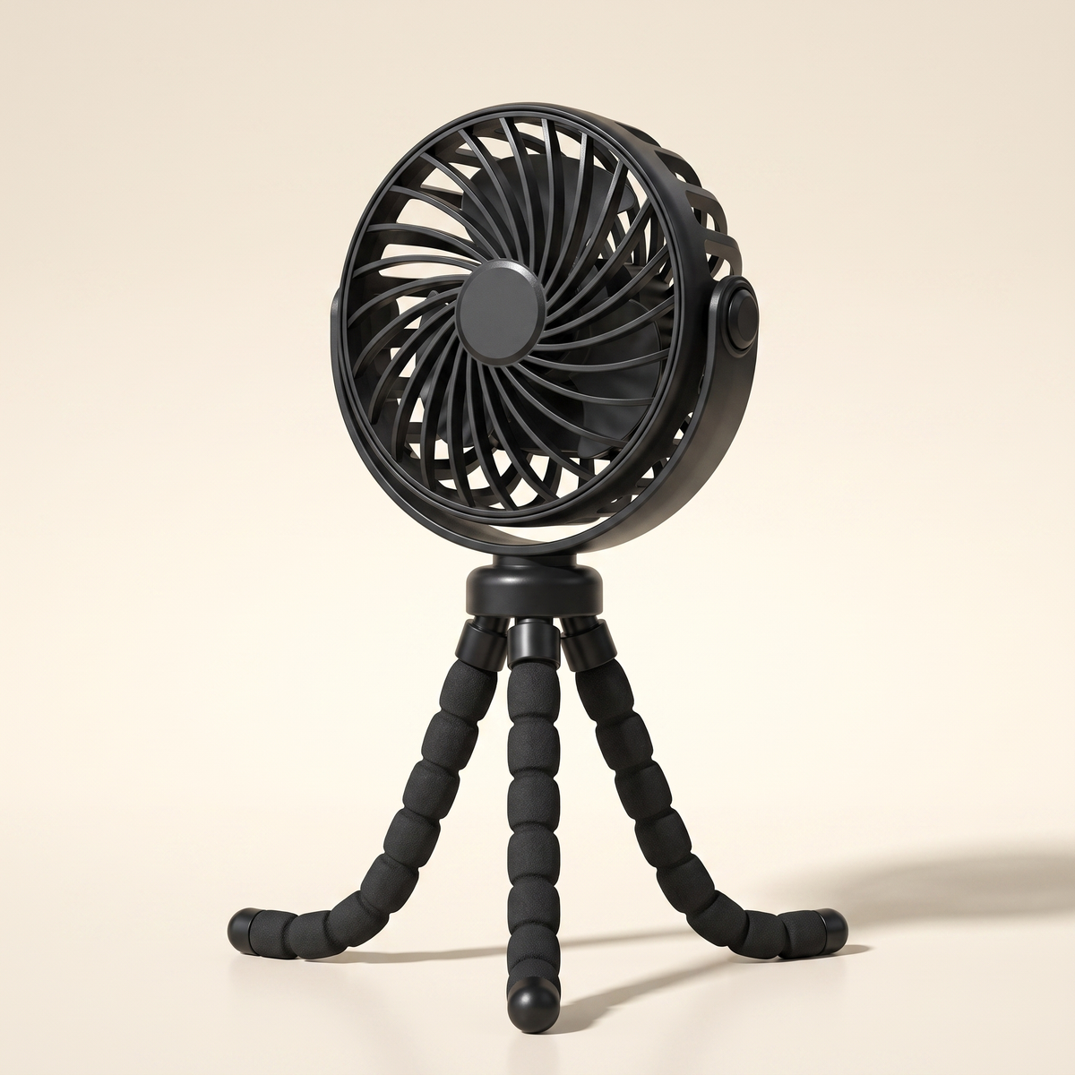 BreezyBuddy 360 Stroller Fan — Black, standing on flexible tripod legs