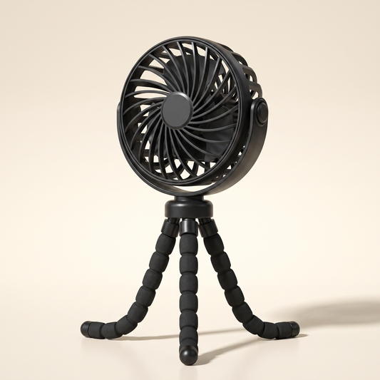 BreezyBuddy 360 Stroller Fan — Black, standing on flexible tripod legs