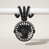 BreezyBuddy 360 Stroller Fan — Black, legs wrapped around stroller bar