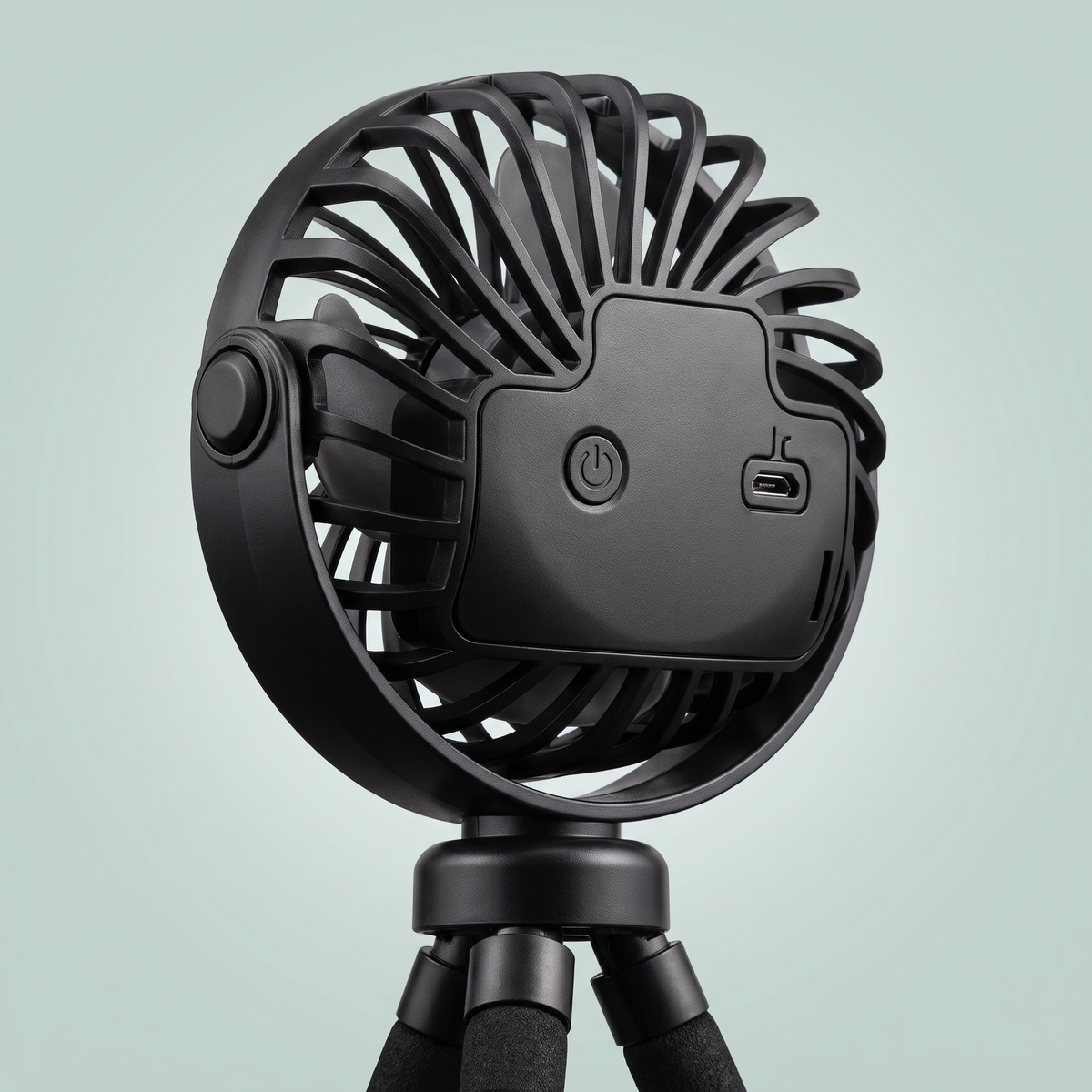 BreezyBuddy 360 Stroller Fan — Black, rear detail with speed button and USB port