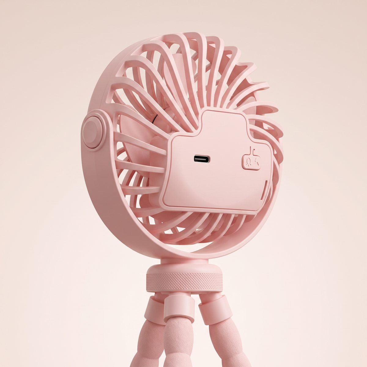 BreezyBuddy 360 Stroller Fan — Pink, rear detail with speed button and USB port