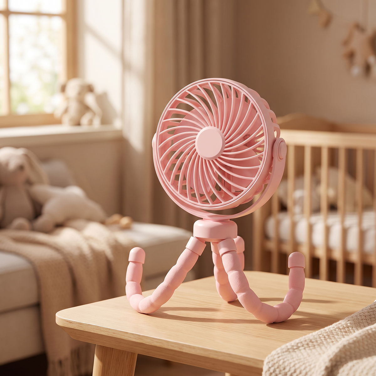 BreezyBuddy 360 Stroller Fan — Pink, on nursery table