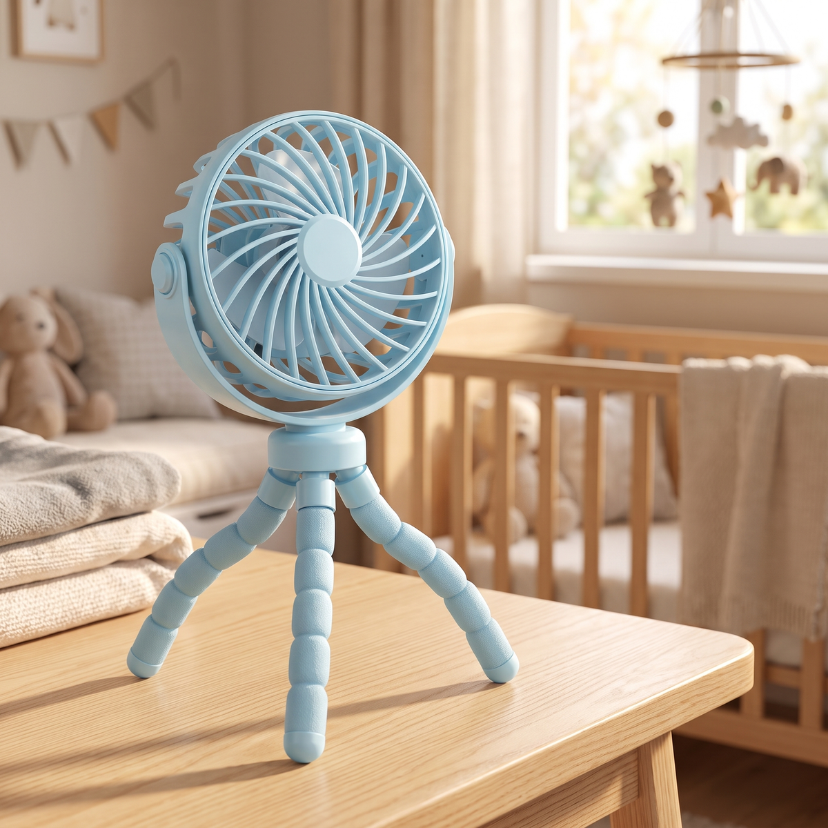 BreezyBuddy 360 Stroller Fan — Blue, on nursery table