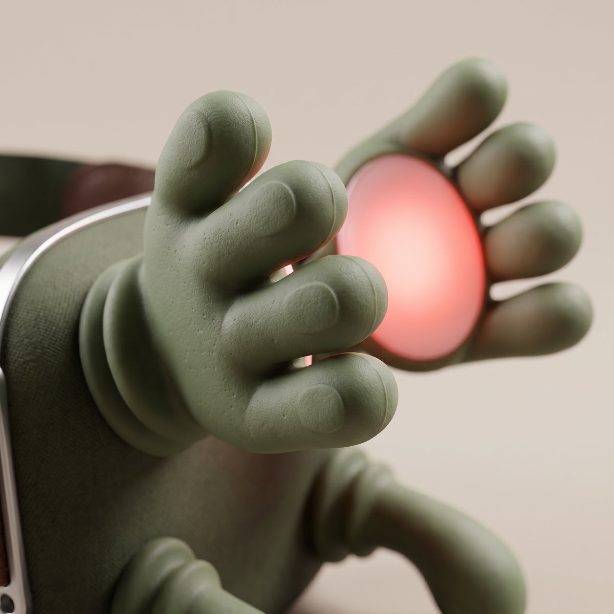 Close-up of KneadFlow twin silicone massage hands with warm red glow palms