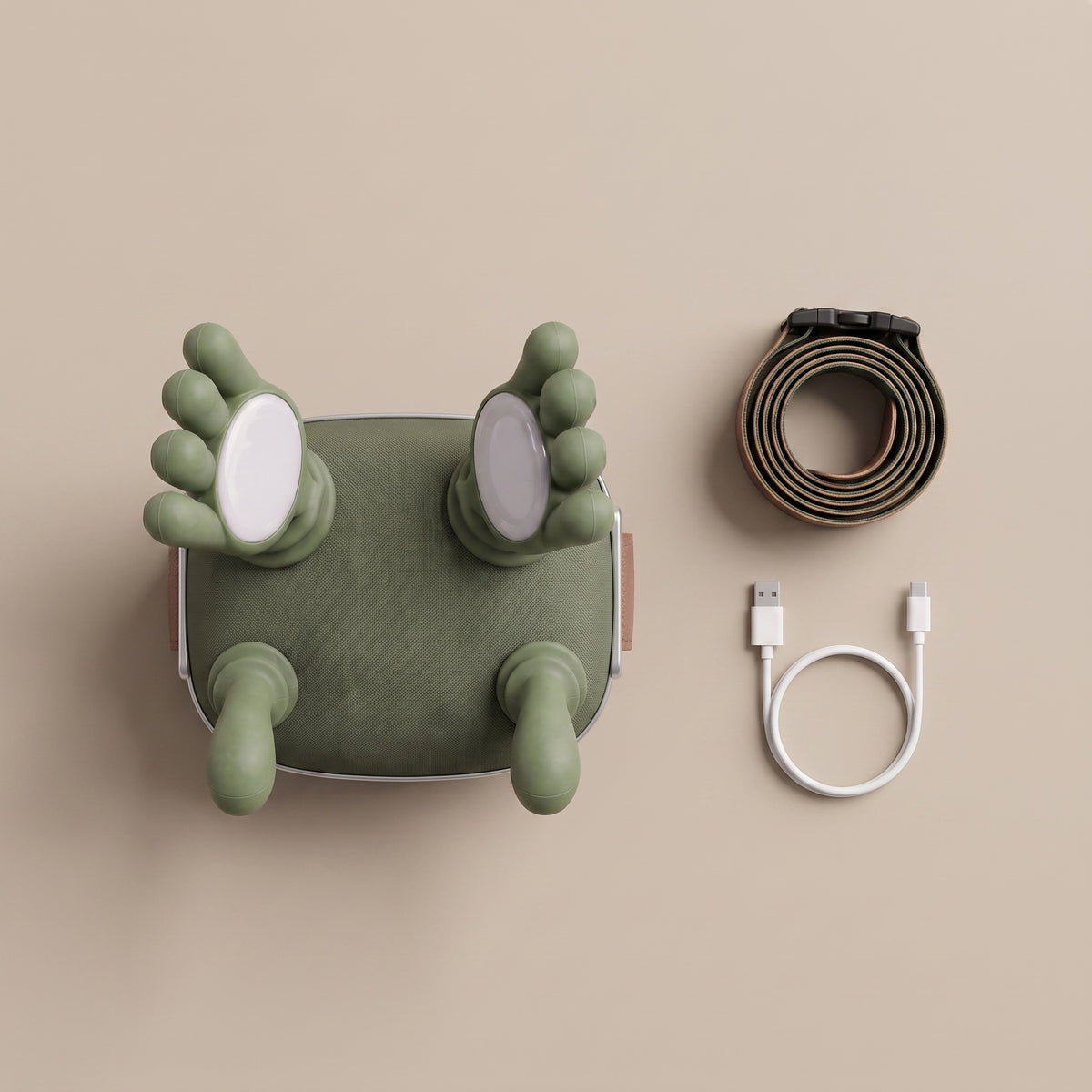 KneadFlow massager flat lay with USB-C charging cable