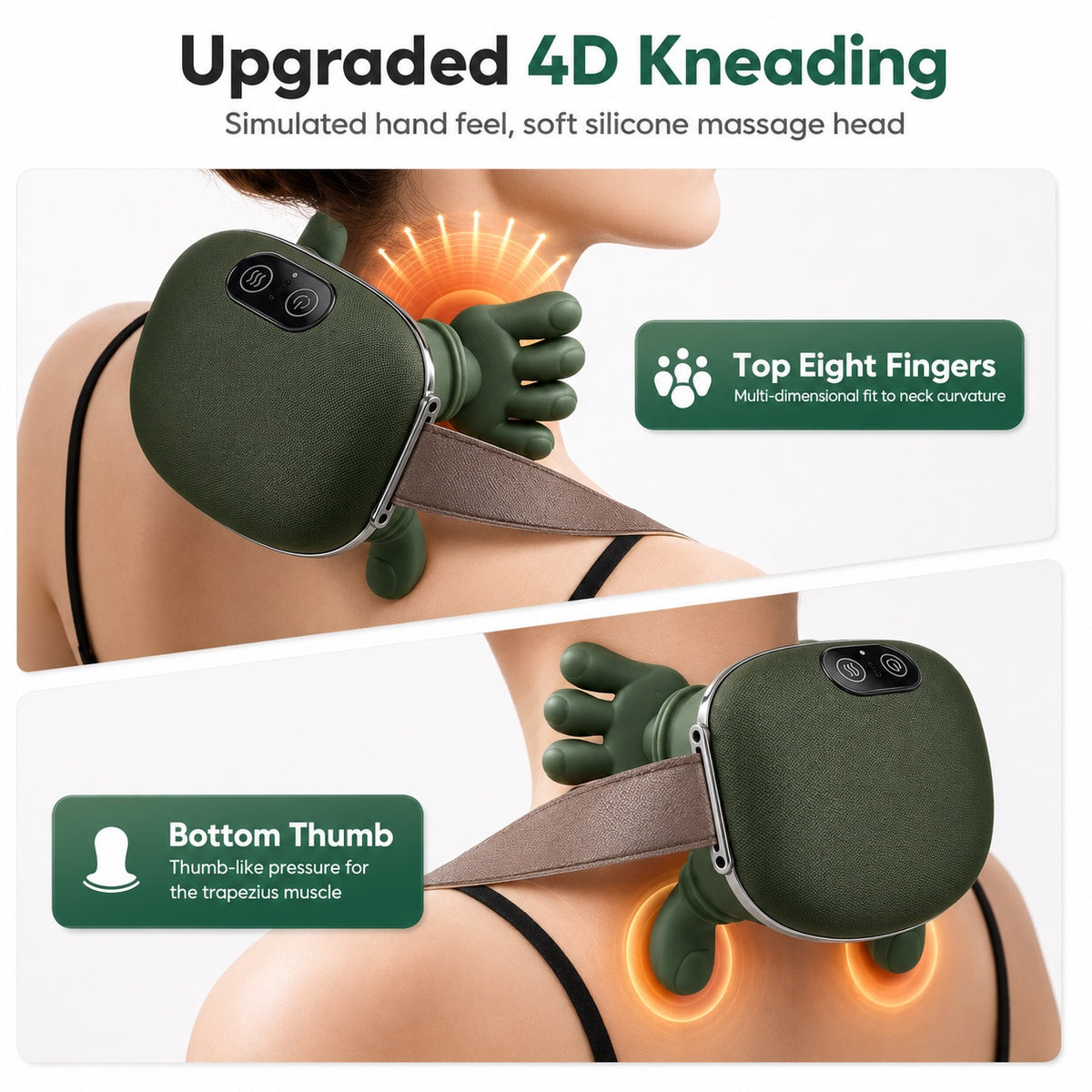 Upgraded 4D kneading — eight fingers on top, thumb-like pressure below
