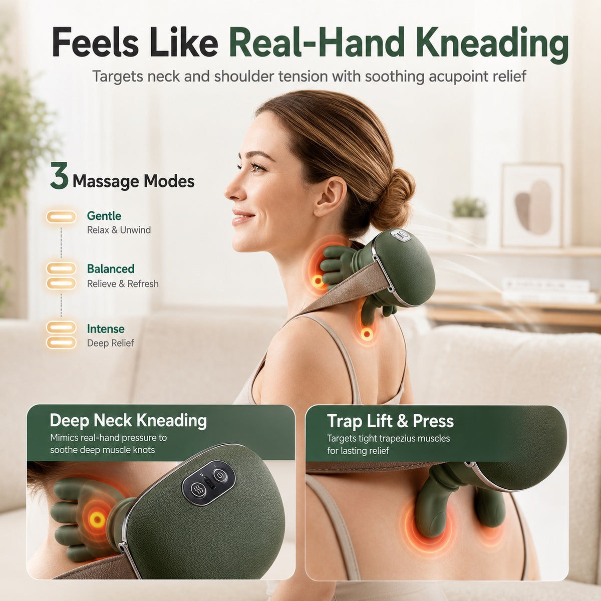 Three massage modes — gentle, balanced and intense deep-knead relief