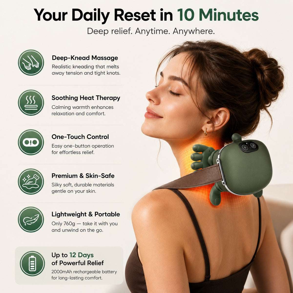 Your daily reset in 10 minutes — heat therapy, one-touch control, 2000mAh battery