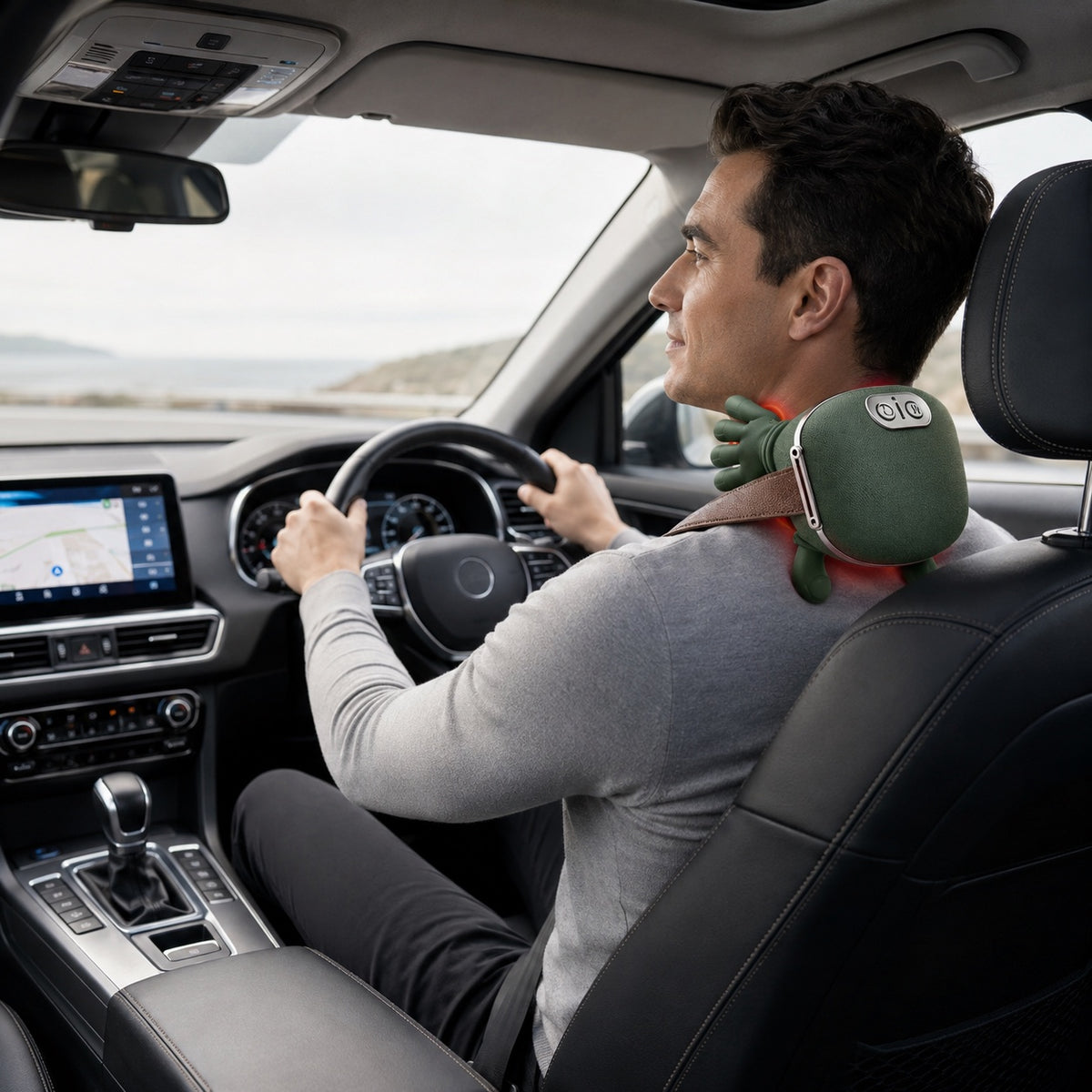 KneadFlow massager used on the neck while resting in the car