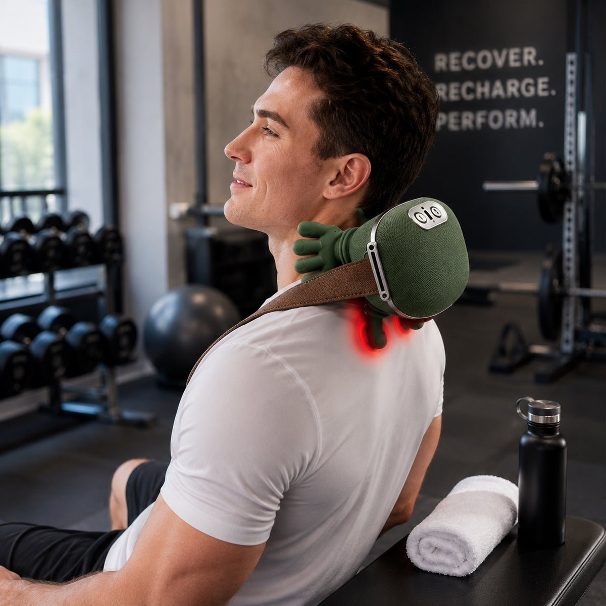 Post-workout recovery with the KneadFlow massager at the gym