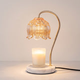 Marble Bloom Candle Warmer — champagne gold candle warmer lamp with glass flower shade and white marble base
