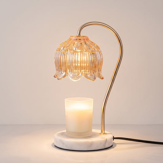 Marble Bloom Candle Warmer — champagne gold candle warmer lamp with glass flower shade and white marble base