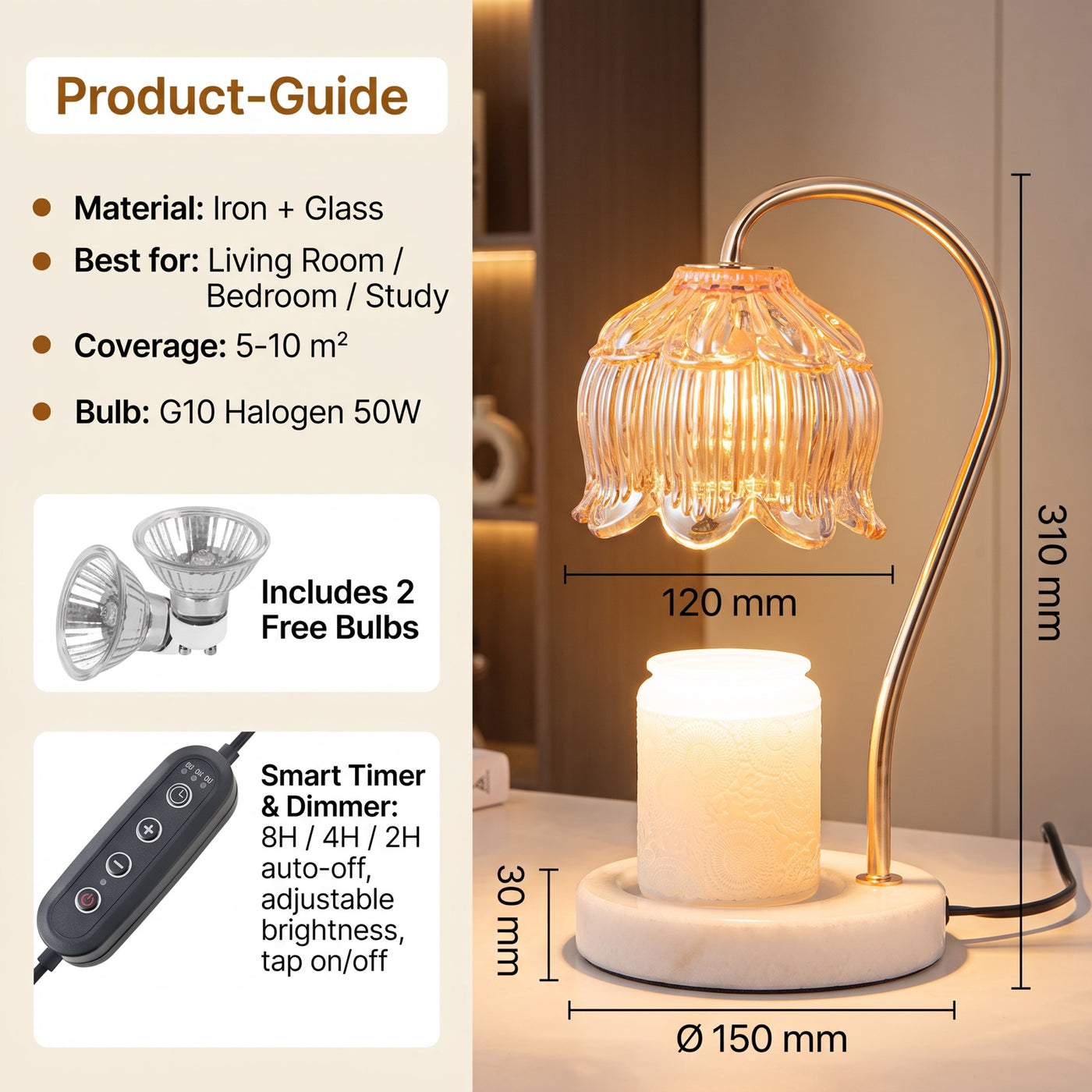Size guide — shade 120mm, height 310mm, marble base 150mm, smart timer and dimmer controller
