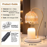 Size guide — shade 120mm, height 310mm, marble base 150mm, smart timer and dimmer controller