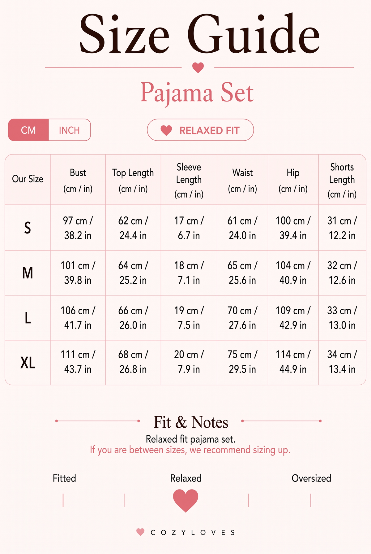 Café Cozy Pajama Set size guide