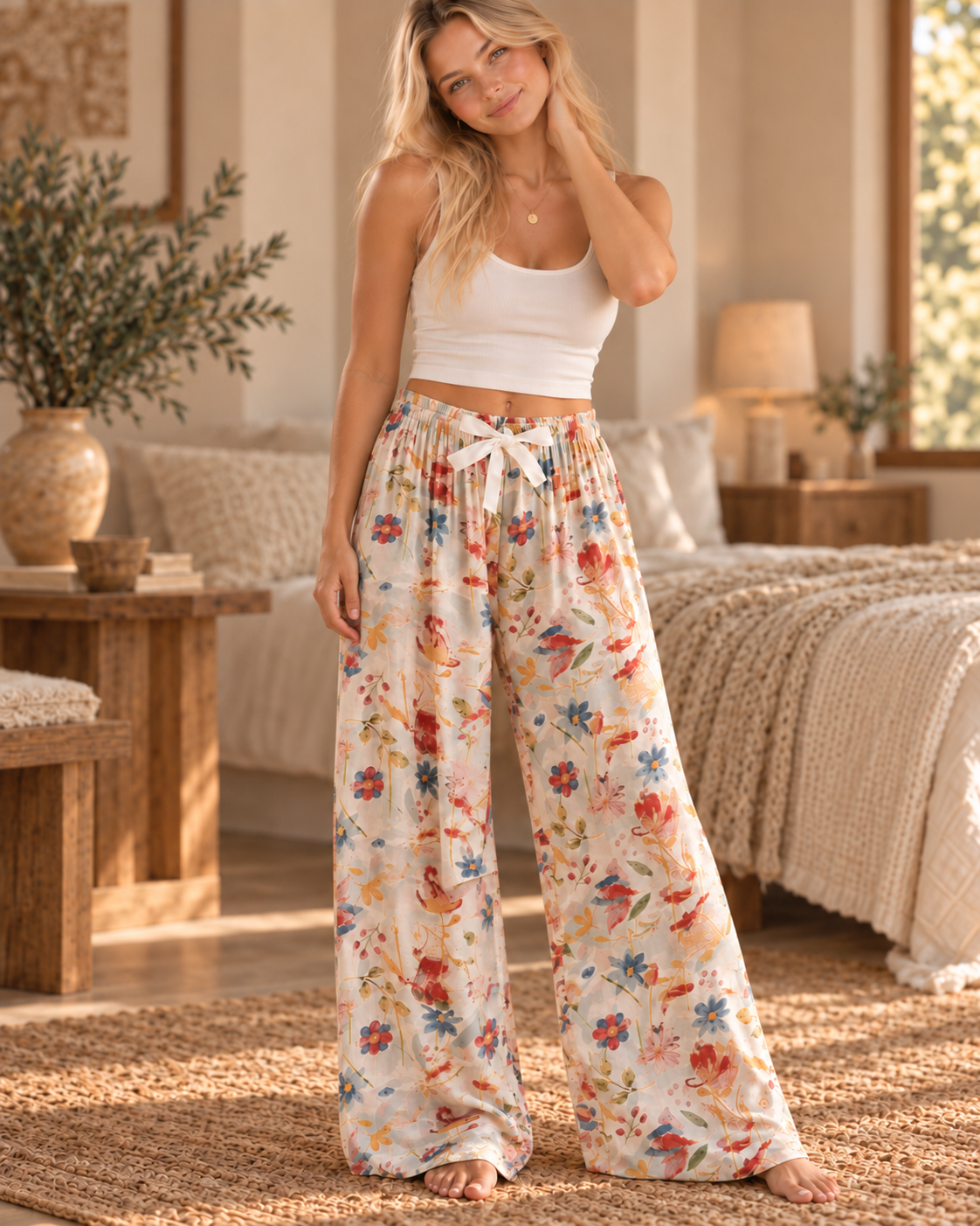 Solia Flow Loungewear in Meadow Floral — standing, hand in hair