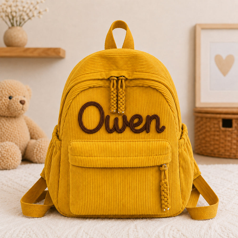 Yellow corduroy backpack with Owen knitted in brown wool