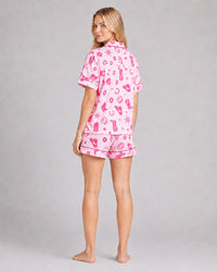 Pink Cowgirl PJ Set back view showing all over pink western print on satin short set