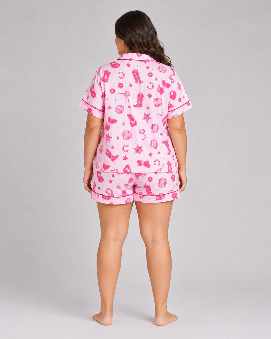 Pink Cowgirl PJ Set curve fit back view pink western print satin pajamas