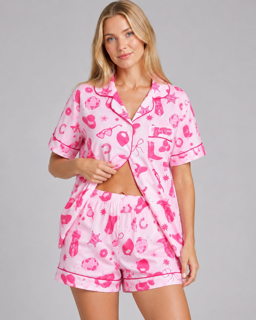 Pink Cowgirl PJ Set styled with open button-up showing soft elastic waistband on satin shorts