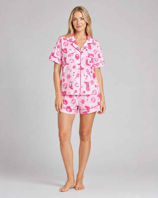 Pink Cowgirl PJ Set satin pajama short set front view with cowboy boots disco ball print and magenta piping