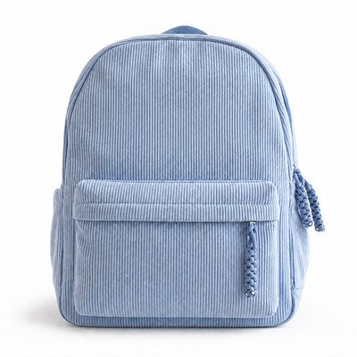 Light Blue corduroy backpack, plain, before the name is knitted on