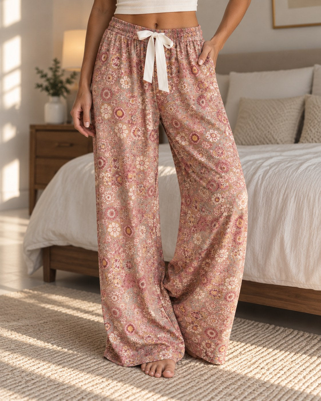 Swaggy Drift Pants in Rose Mosaic — drawstring waist detail