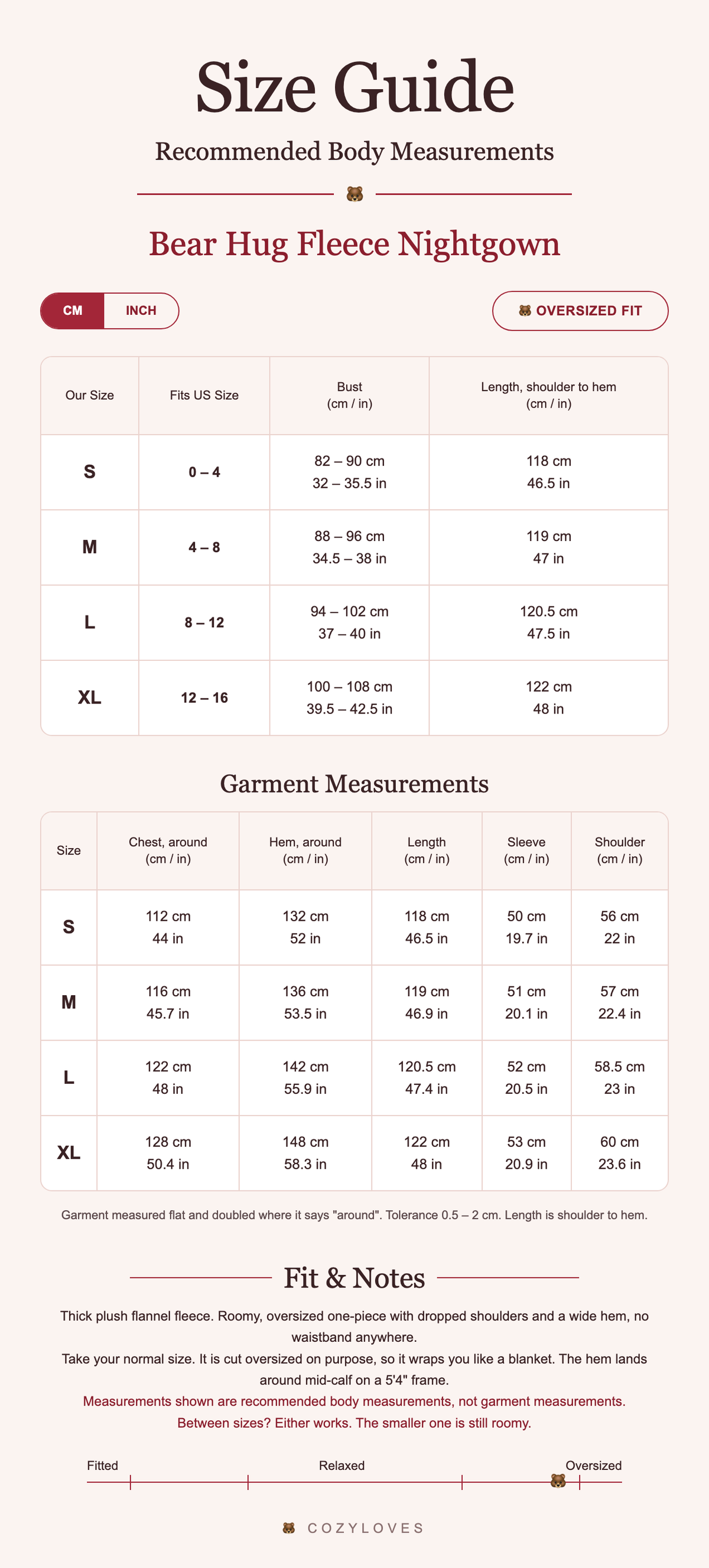 Bear Hug Fleece Nightgown size guide