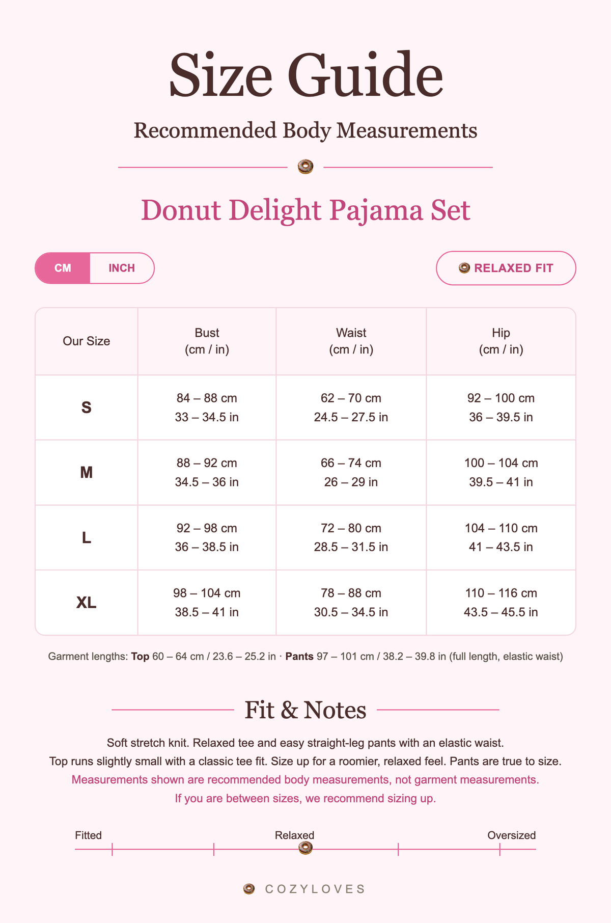 Donut Delight Pajama Set size guide