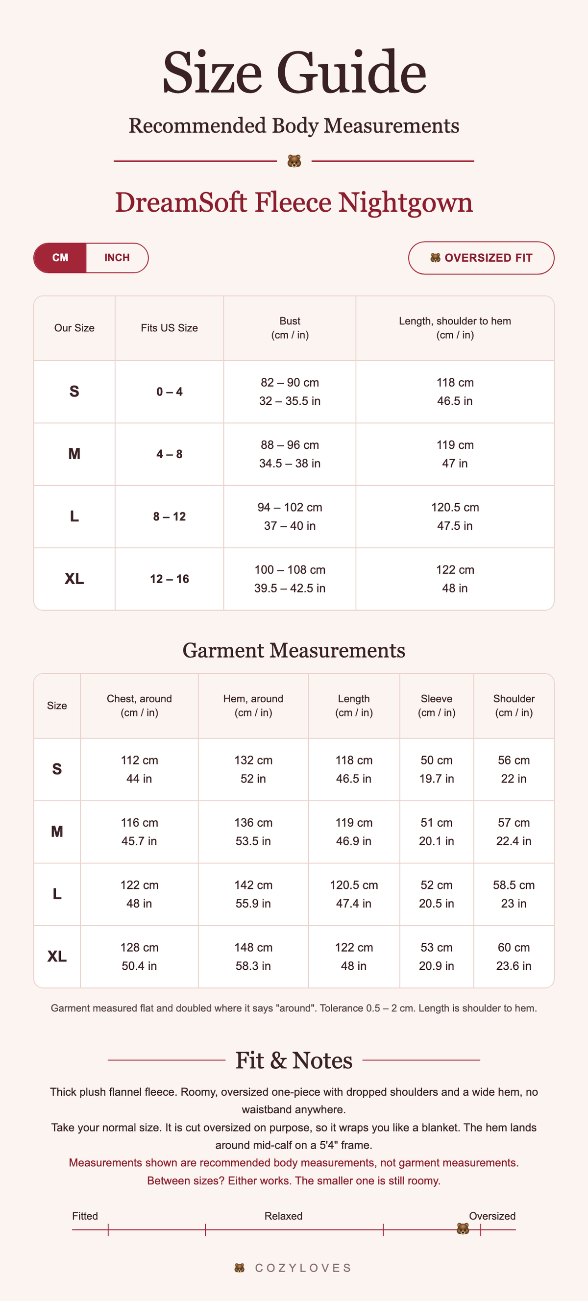 DreamSoft Fleece Nightgown size guide