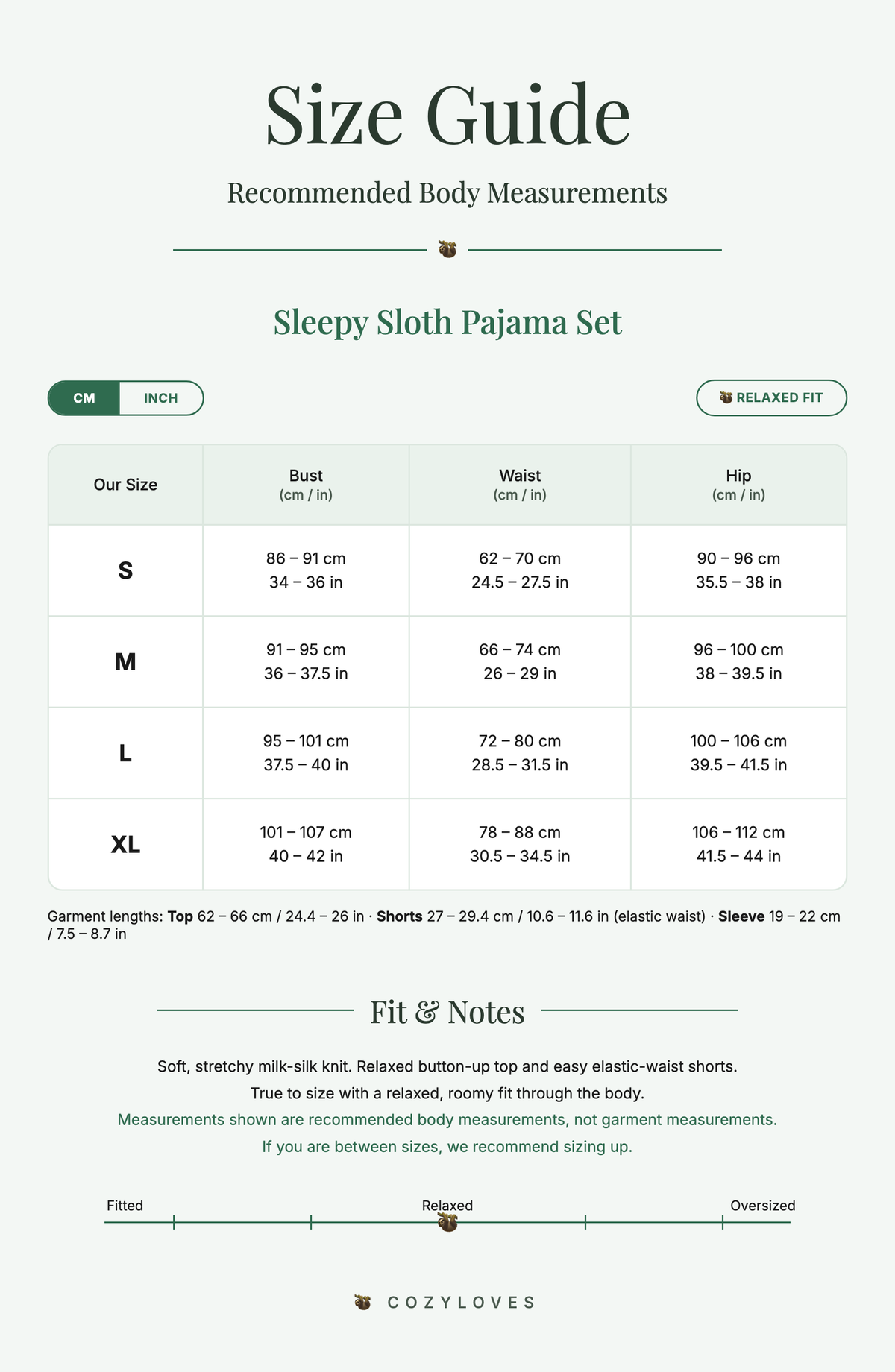Sleepy Sloth Pajama Set size guide