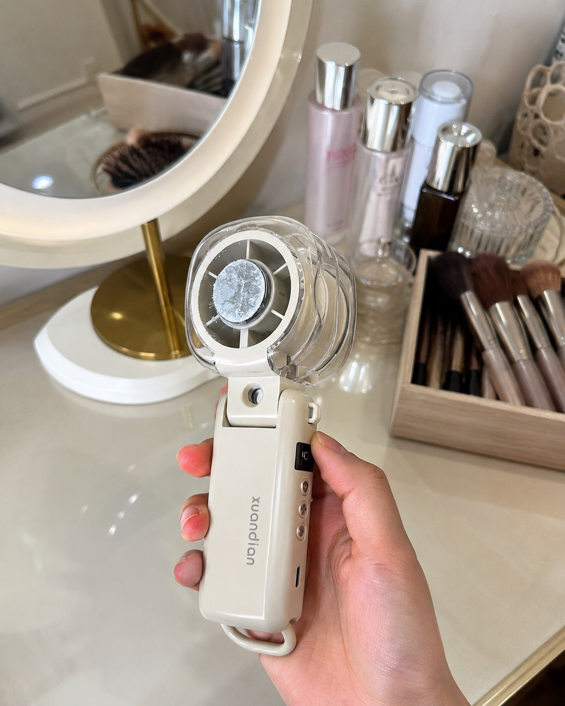 Customer photo — Arctic Mist fan with frosted ice plate at makeup vanity