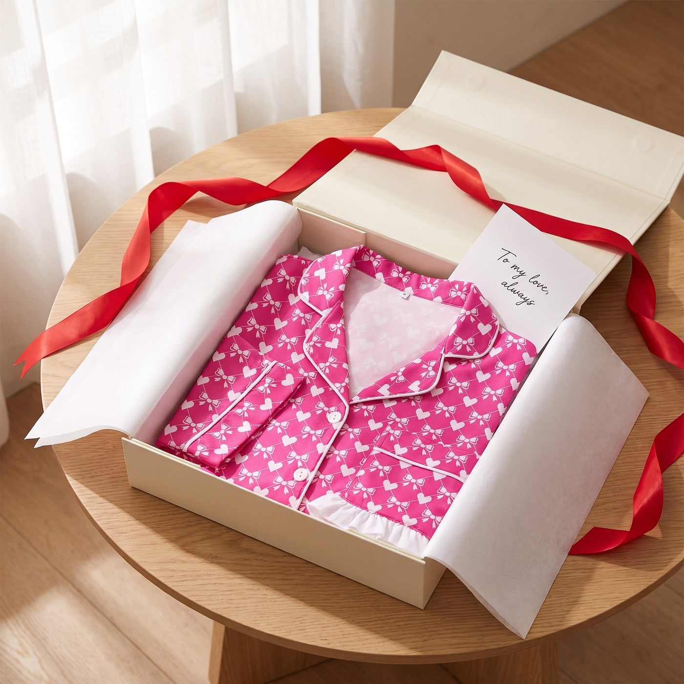 Blushing Hearts pajama set folded in a cream gift box with a red satin ribbon