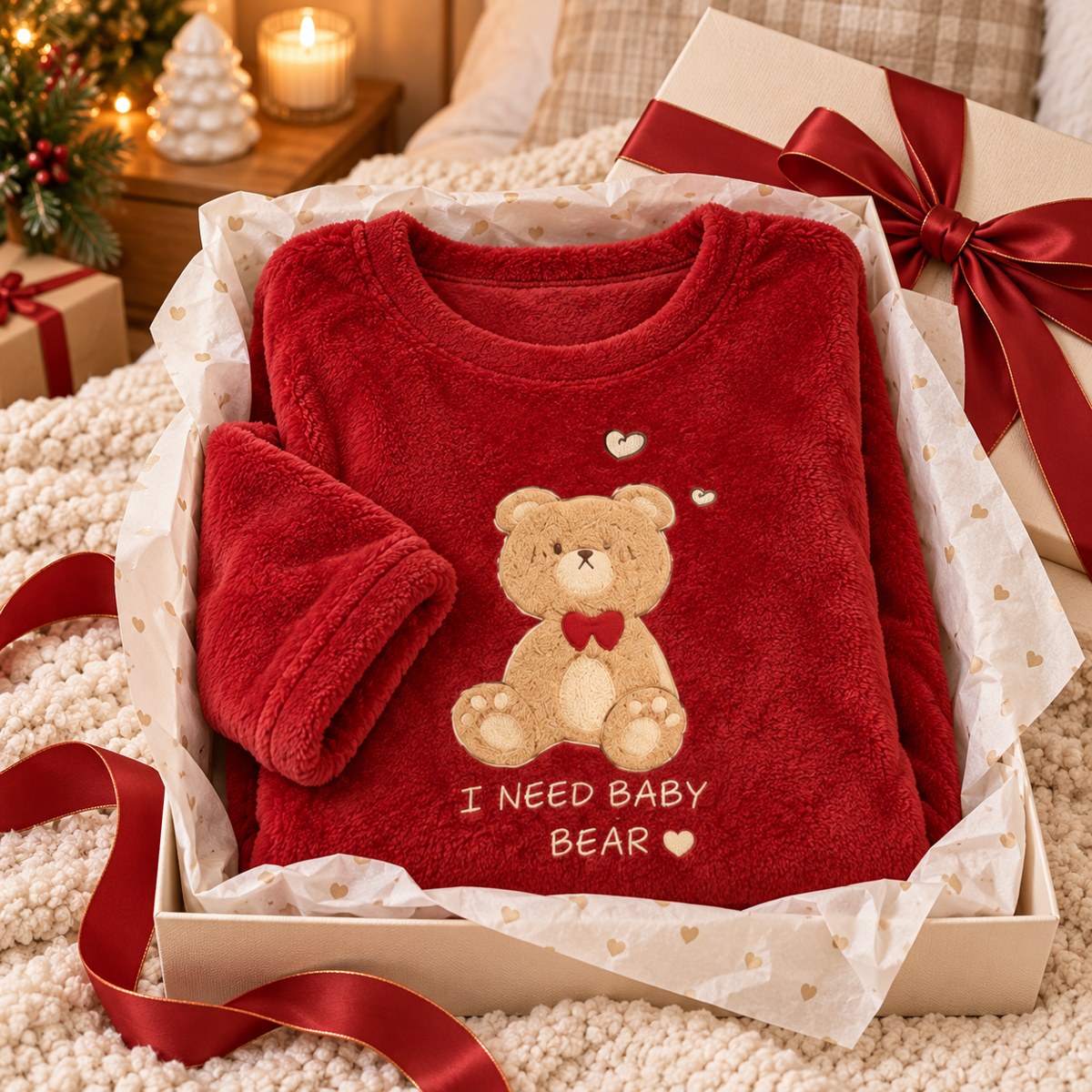 Bear Hug Fleece Nightgown folded in a gift box with a red ribbon