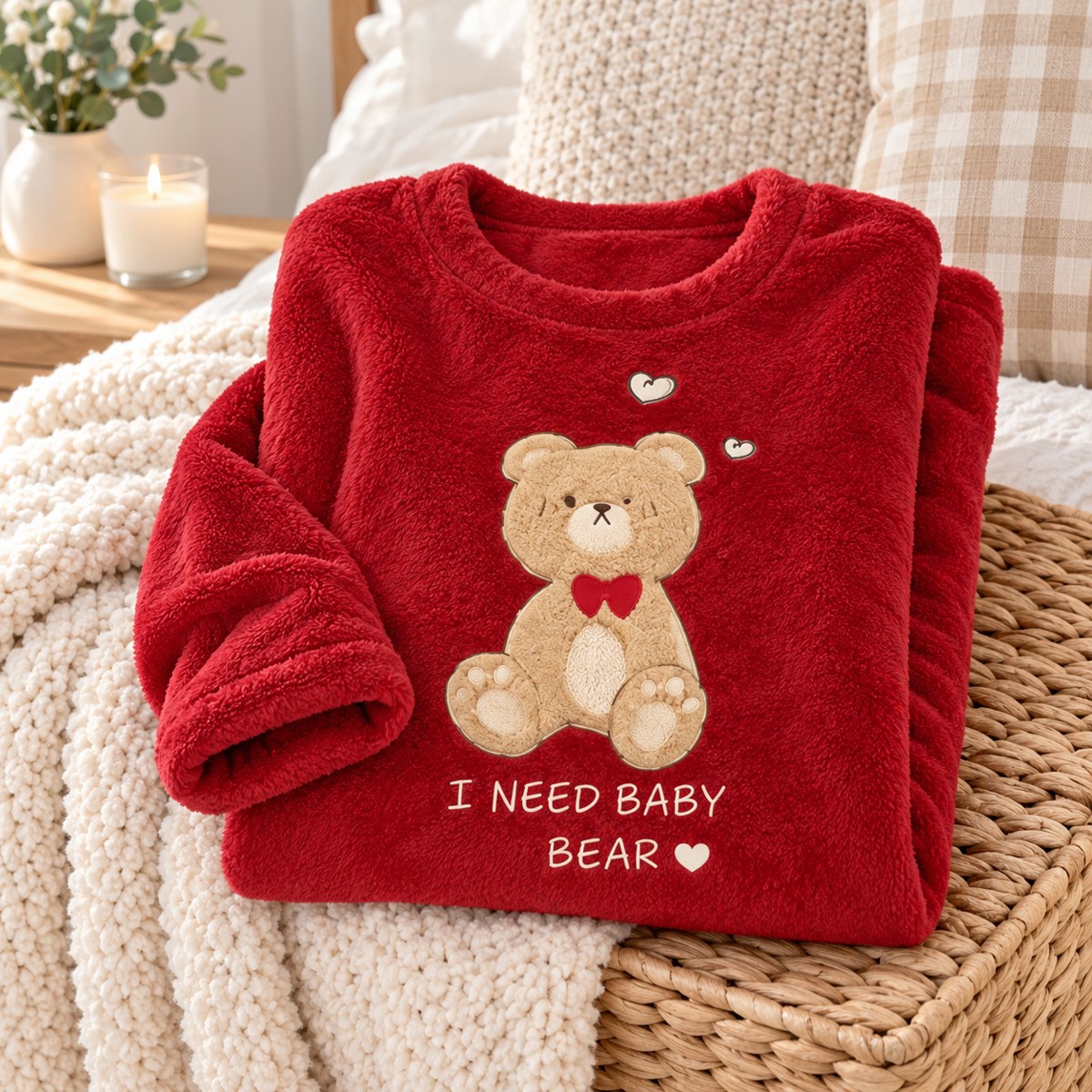 Close-up of the sherpa teddy bear appliqué on the folded Bear Hug Fleece Nightgown