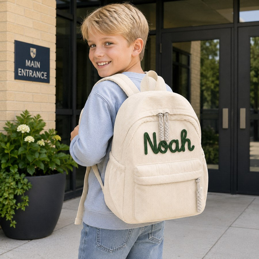 Boy wearing a cream backpack with his name knitted in green wool
