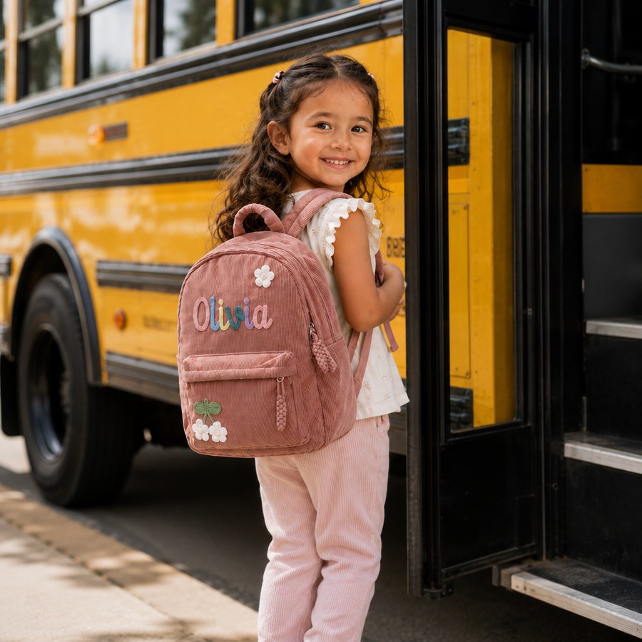 Girl boarding the school bus with her personalized backpack