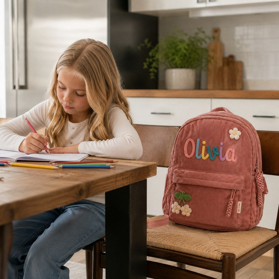 Personalized backpack on a kitchen chair