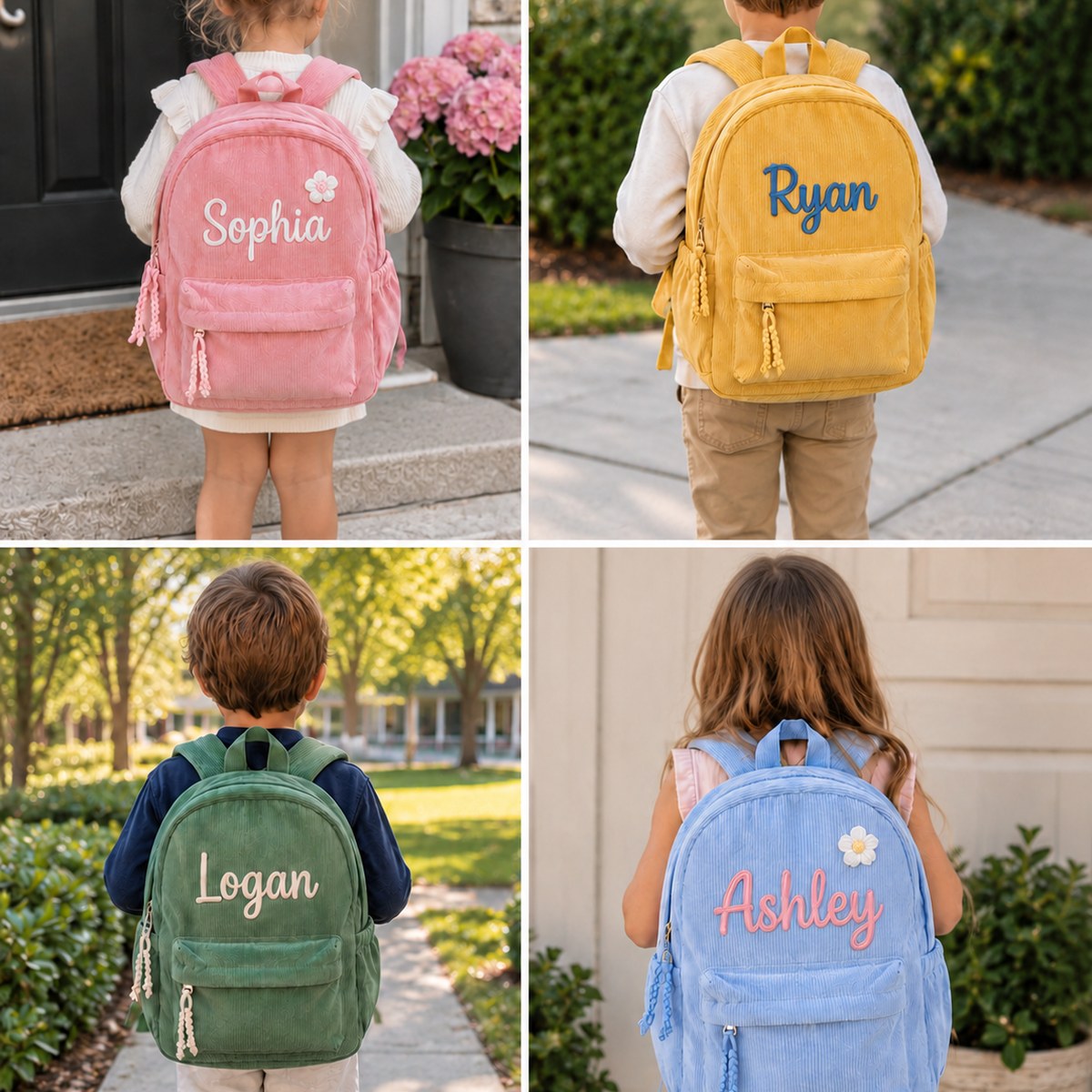 Four kids with personalized corduroy backpacks