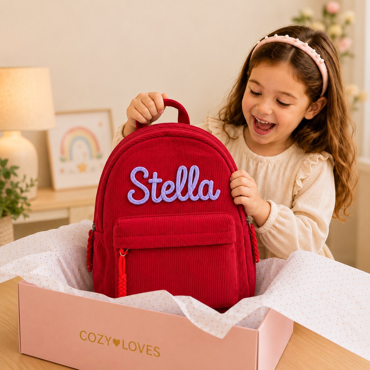 Girl opening a red personalized name backpack from a gift box