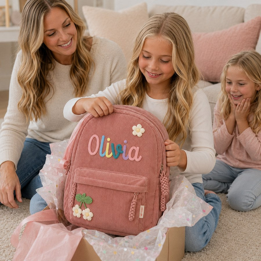 Child opening a personalized backpack as a gift