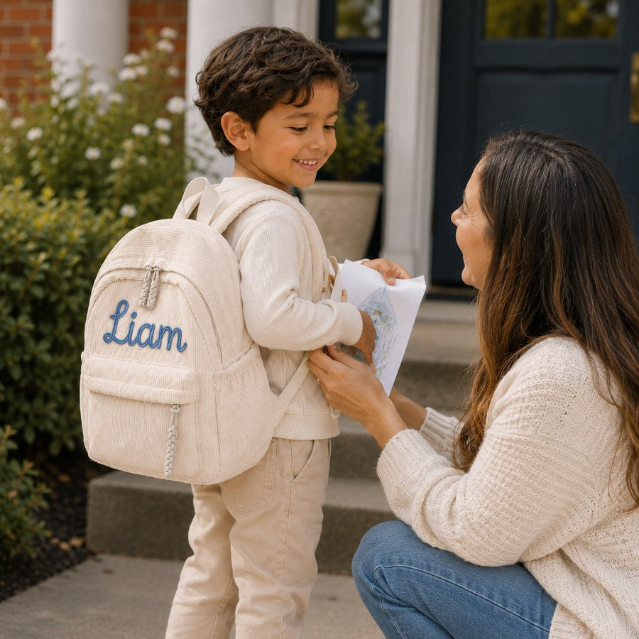 Mother and son with a personalized knitted name backpack