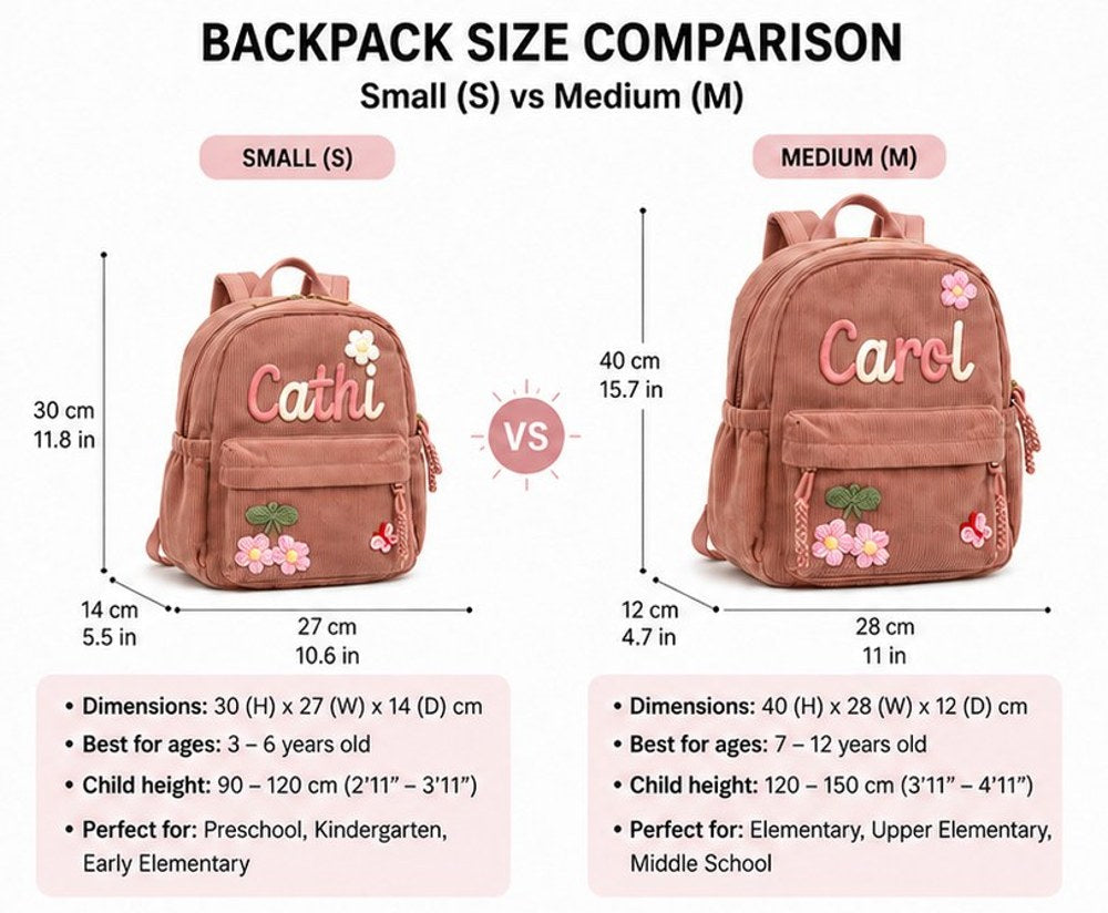 Small and Medium backpack dimensions