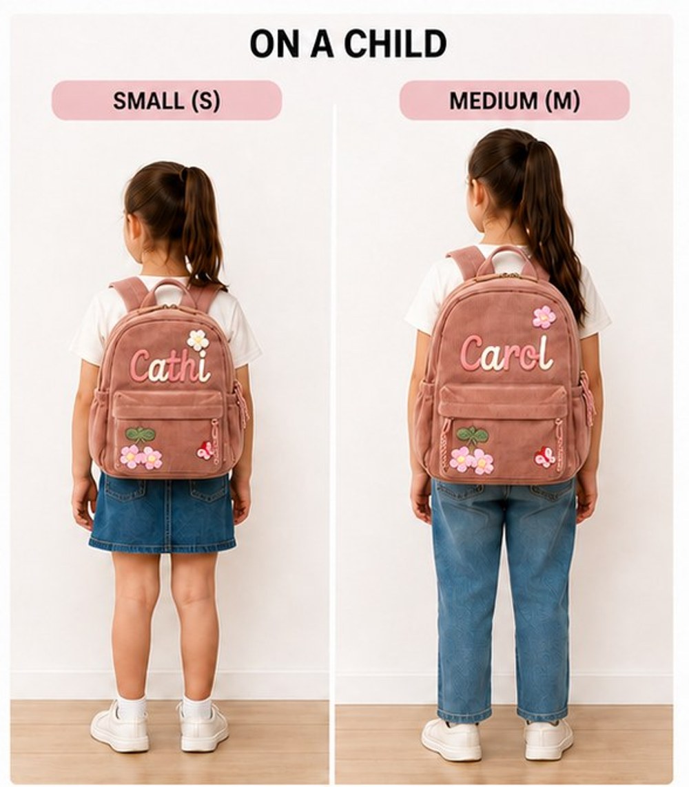 Small and Medium backpacks shown on a child