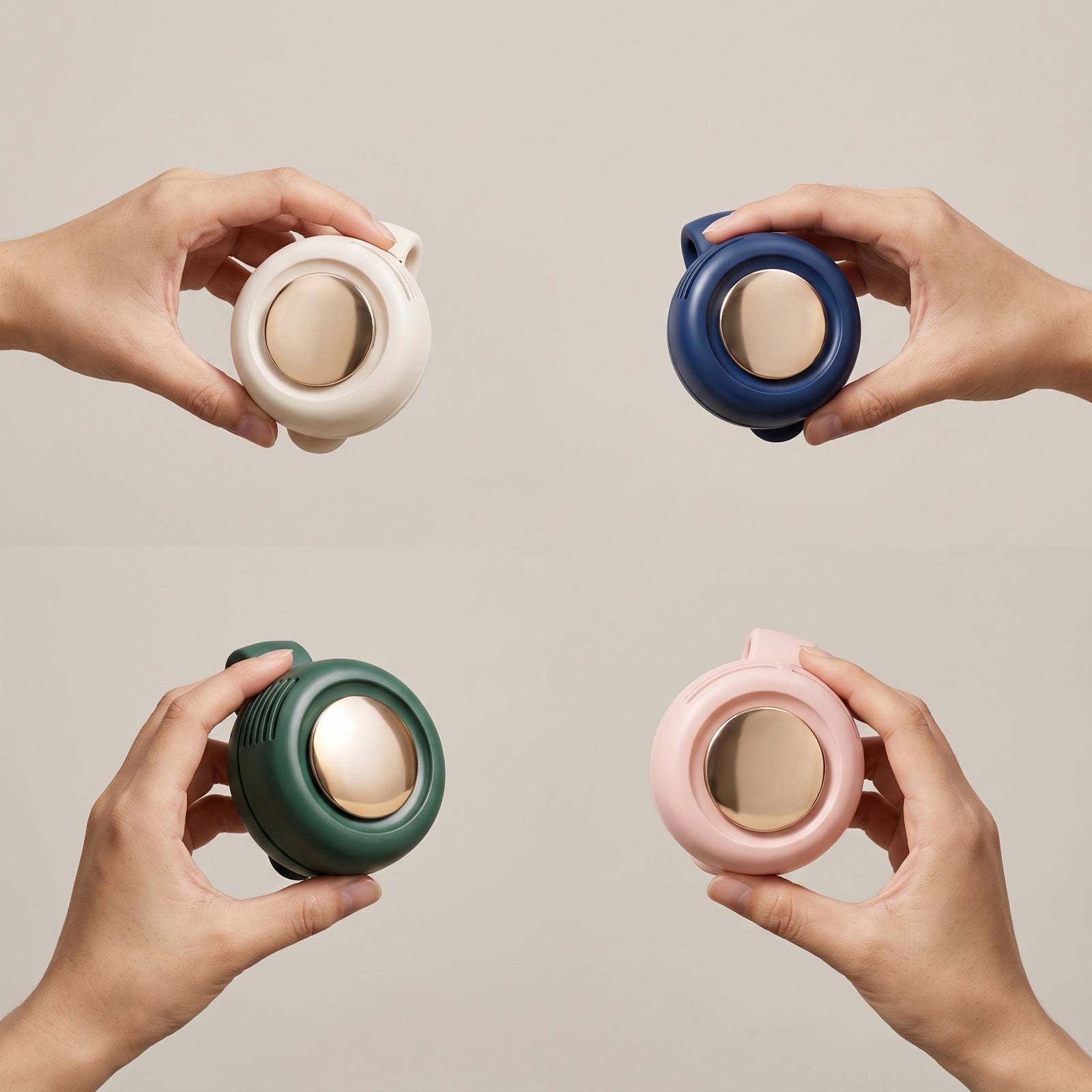 ChillClip wearable fan in cream white, navy blue, dark green and soft pink