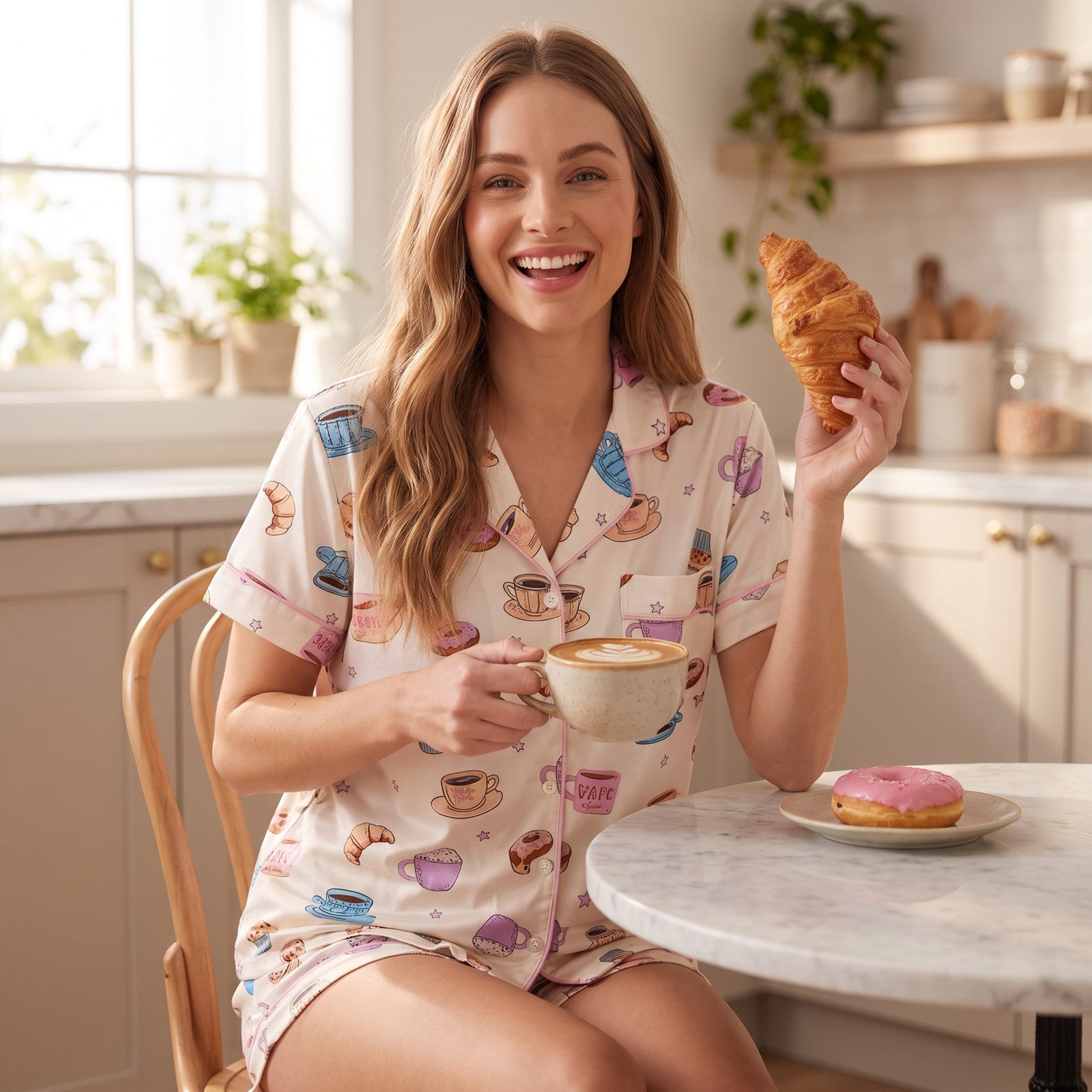 Woman in the Café Cozy pajama set holding a real latte and croissant that match the print