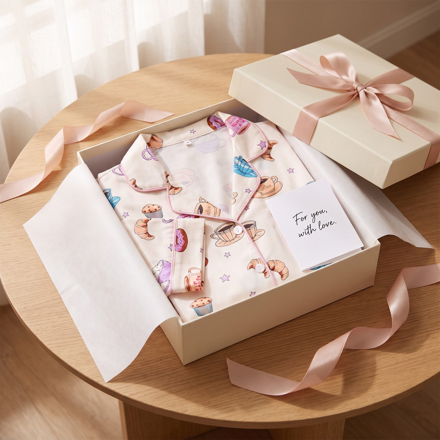 Café Cozy pajama set folded in a cream gift box with a blush satin ribbon